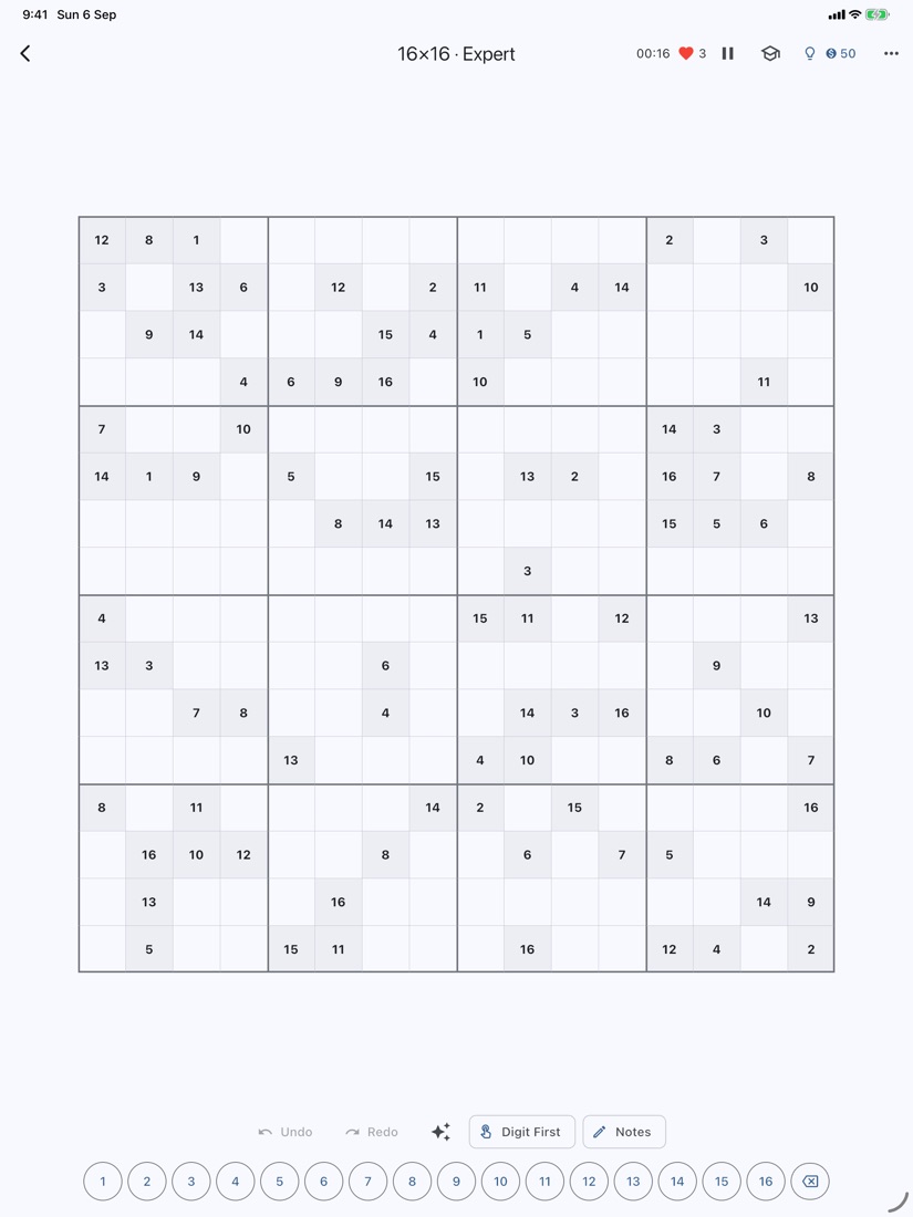 A 16 by 16 Sudoku XL board on iPad, part-solved.